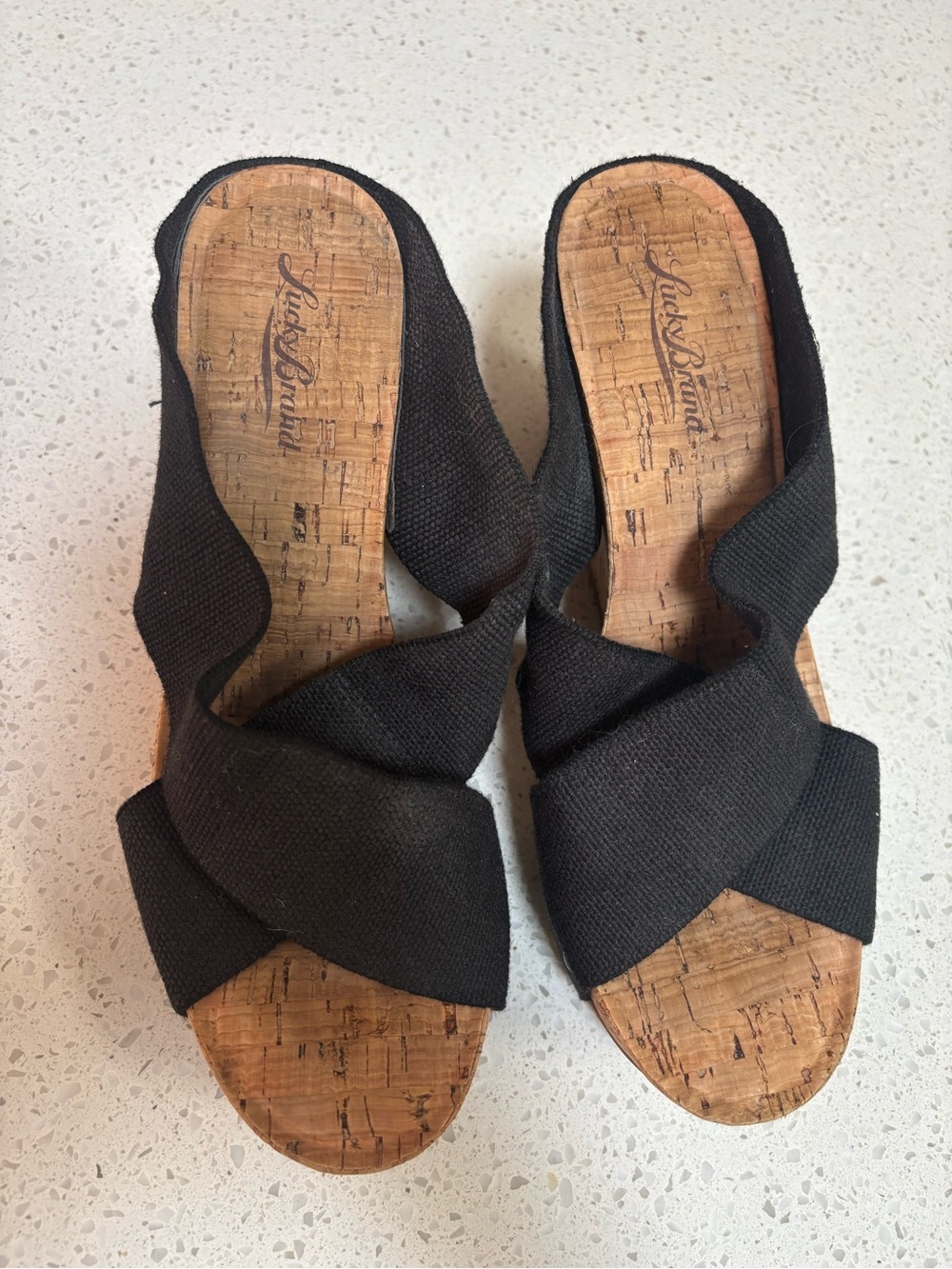 LUCKY BRAND Women's Black Wedge Heel Sandals Stretch Criss Cross Cork Size 7.5
